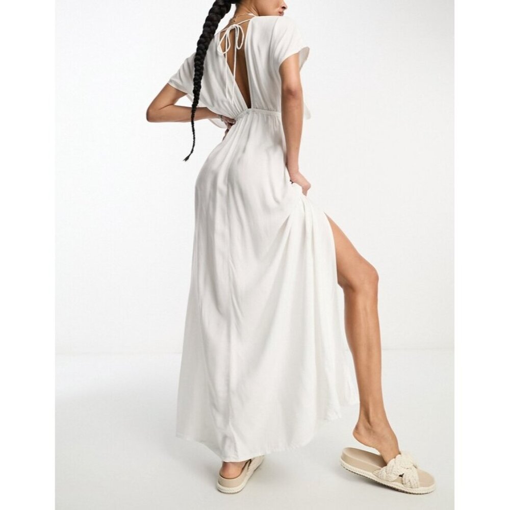 ASOS Maternity White V-Neck Maxi Dress Butterfly Sleeve Empire Waist Boho - Picture 10 of 16